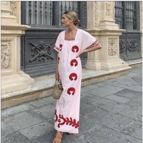 Zara Limited Edition Embroidered Dress Medium Pink Red Cotton Boho Folk Peasant - Picture 2 of 10